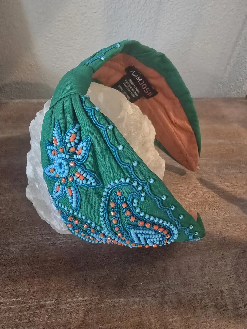 Green Beaded Embroidered Padded Headband by AAMJDOSH